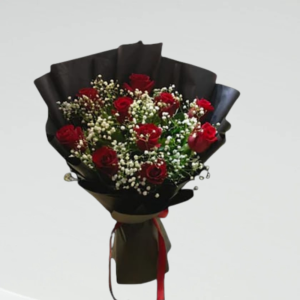 Floral birthday rose in black bouquet