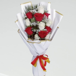 Red &White Roses In White bouquet