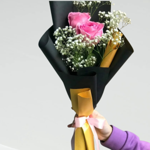 Pink Roses in Black bouquet